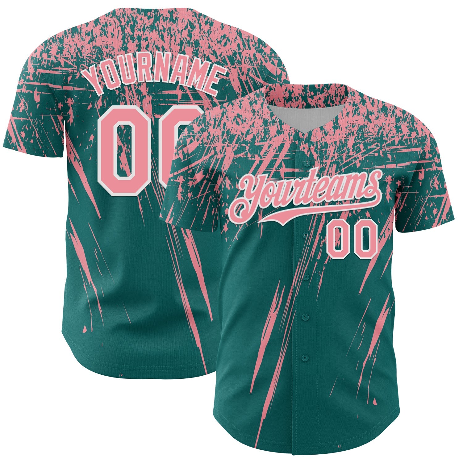 Custom Teal Medium Pink-White Distressed Scratch Brush Stroke Authentic Baseball Jersey - Main View