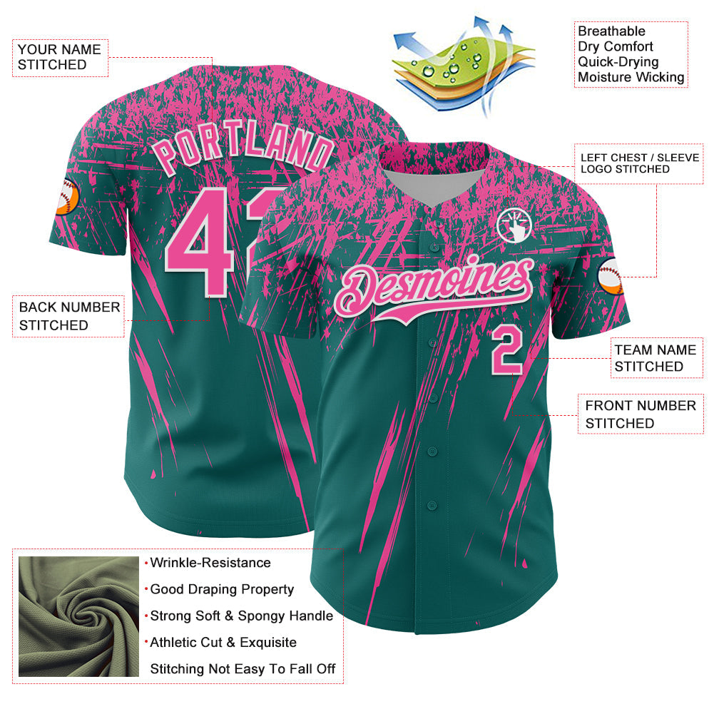 Custom Teal Pink-White Distressed Scratch Brush Stroke Authentic Baseball Jersey view 3