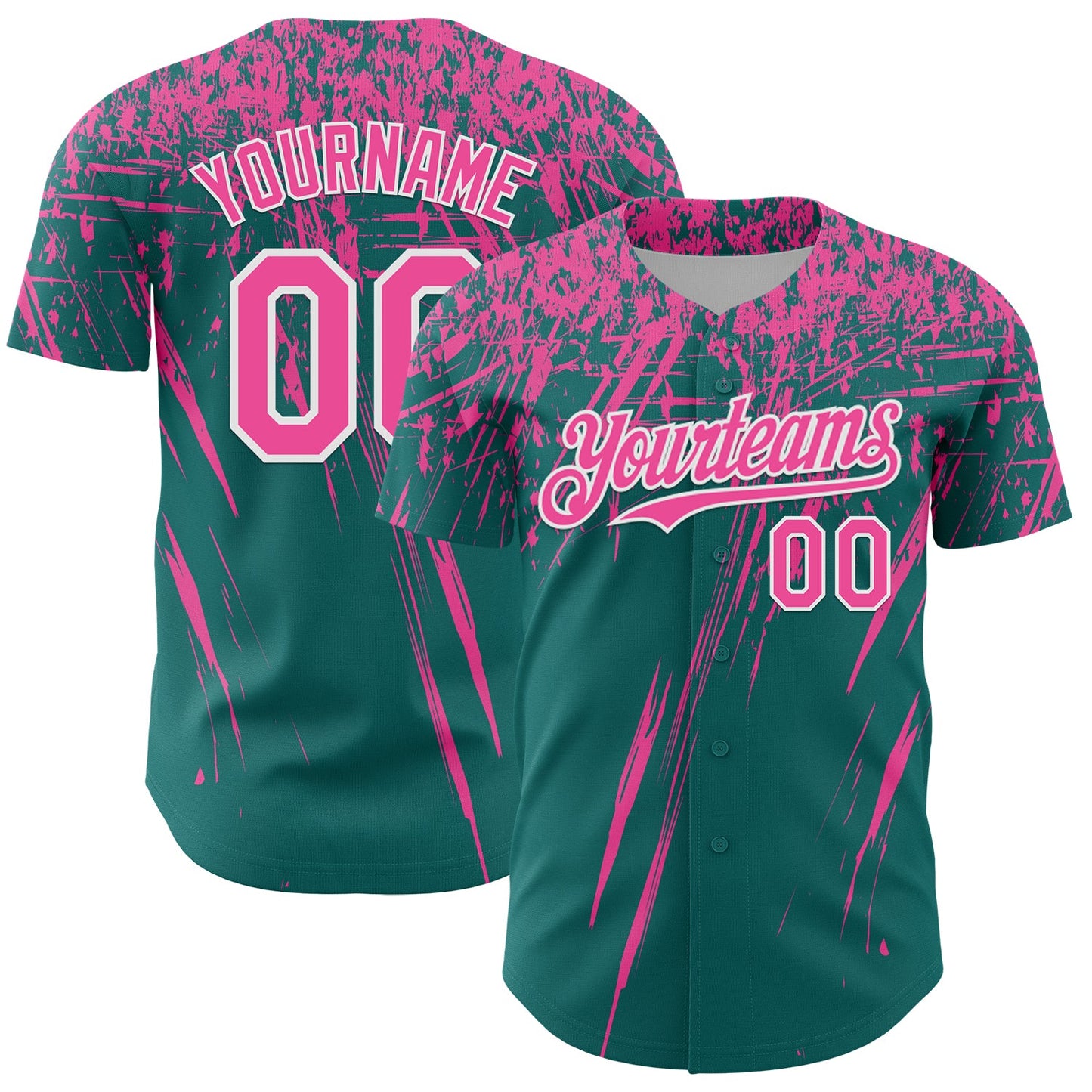 Custom Teal Pink-White Distressed Scratch Brush Stroke Authentic Baseball Jersey - Main View