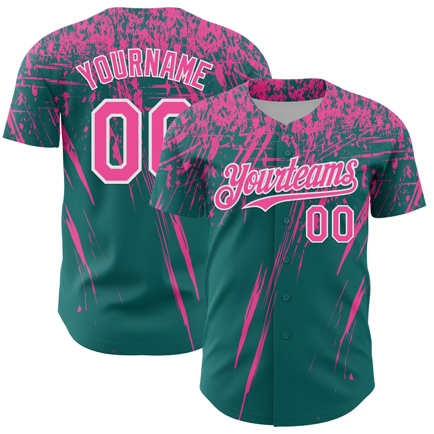 Custom Teal Pink-White Distressed Scratch Brush Stroke Authentic Baseball Jersey - Main View