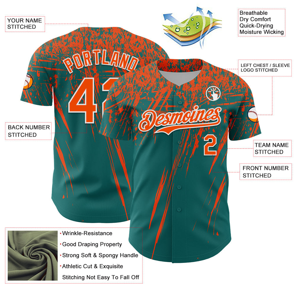 Custom Teal Orange-White Distressed Scratch Brush Stroke Authentic Baseball Jersey view 3