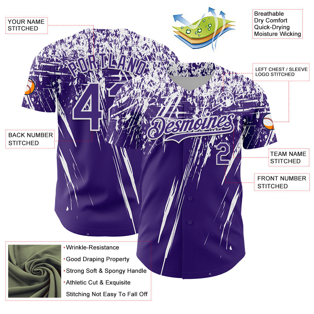 Custom Purple White Distressed Scratch Brush Stroke Authentic Baseball Jersey view 3