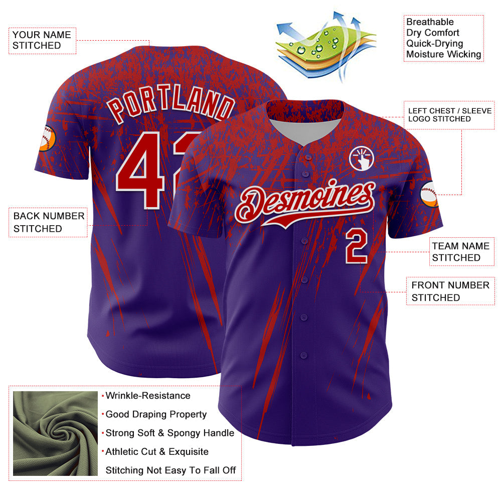 Custom Purple Red-White Distressed Scratch Brush Stroke Authentic Baseball Jersey view 3