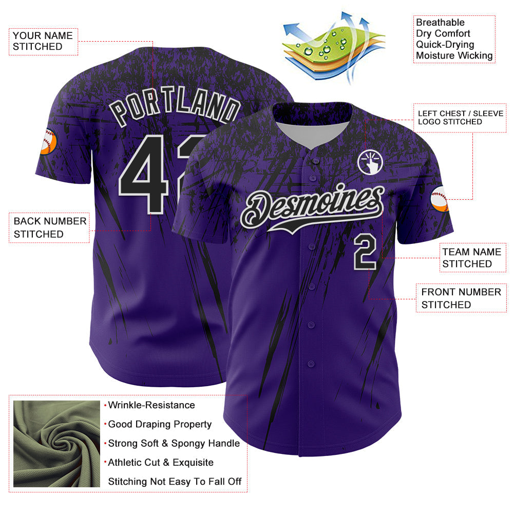 Custom Purple Black-White Distressed Scratch Brush Stroke Authentic Baseball Jersey view 3