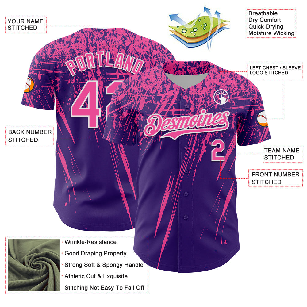 Custom Purple Pink-White Distressed Scratch Brush Stroke Authentic Baseball Jersey view 3