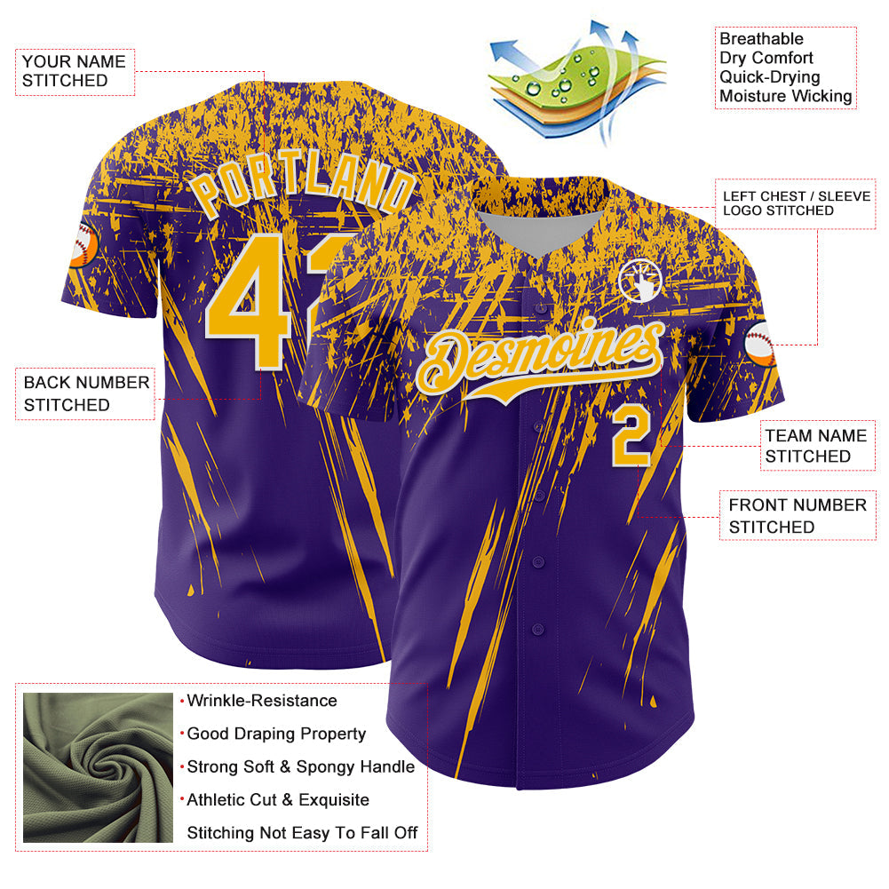 Custom Purple Gold-White Distressed Scratch Brush Stroke Authentic Baseball Jersey view 3