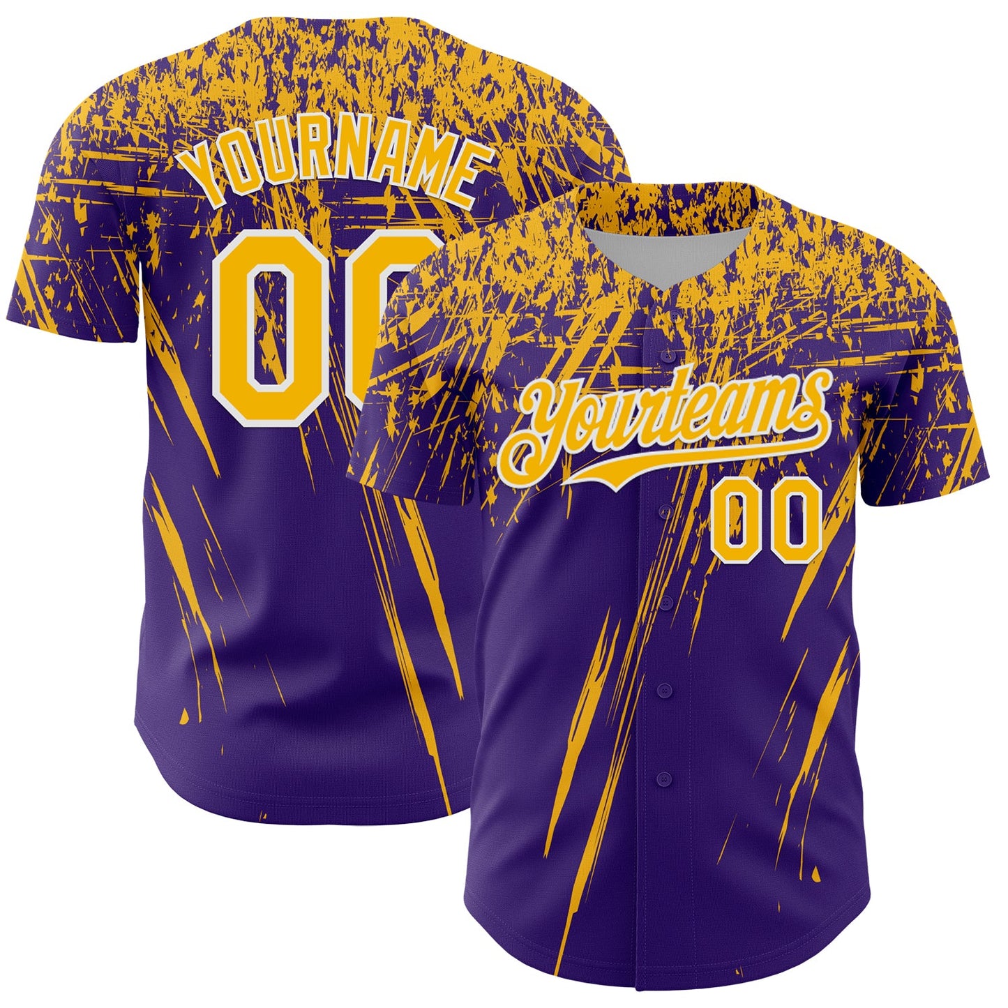 Custom Purple Gold-White Distressed Scratch Brush Stroke Authentic Baseball Jersey - Main View