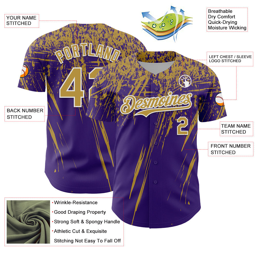 Custom Purple Old Gold-White Distressed Scratch Brush Stroke Authentic Baseball Jersey view 3