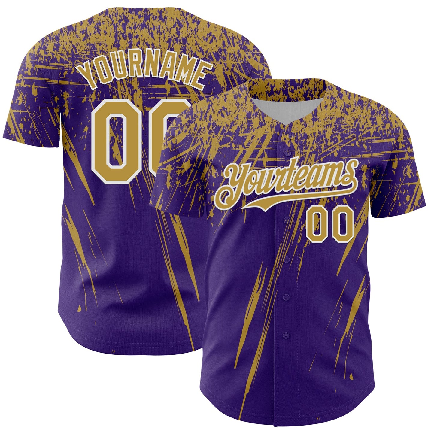Custom Purple Old Gold-White Distressed Scratch Brush Stroke Authentic Baseball Jersey - Main View