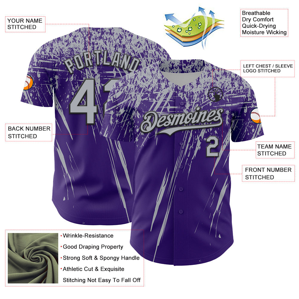 Custom Purple Gray-Black Distressed Scratch Brush Stroke Authentic Baseball Jersey view 3