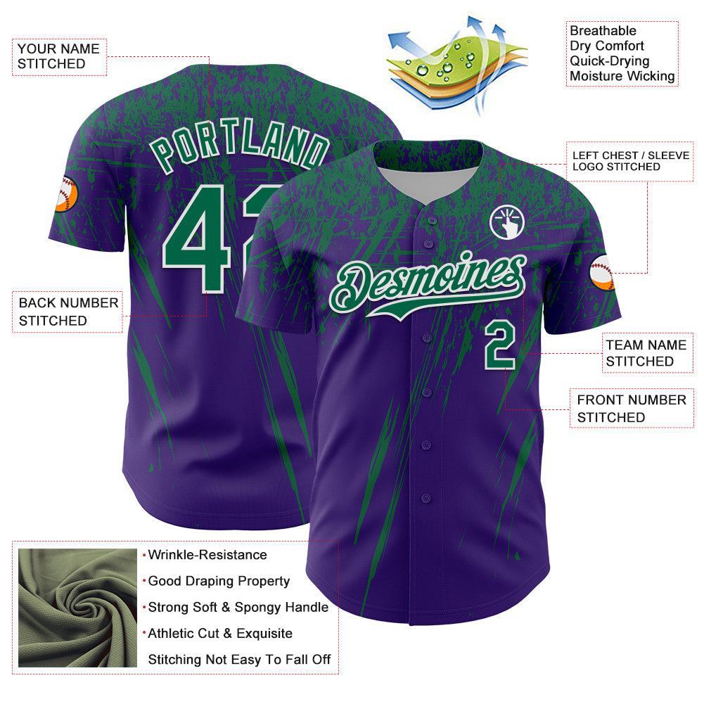 Custom Purple Kelly Green-White Distressed Scratch Brush Stroke Authentic Baseball Jersey view 3