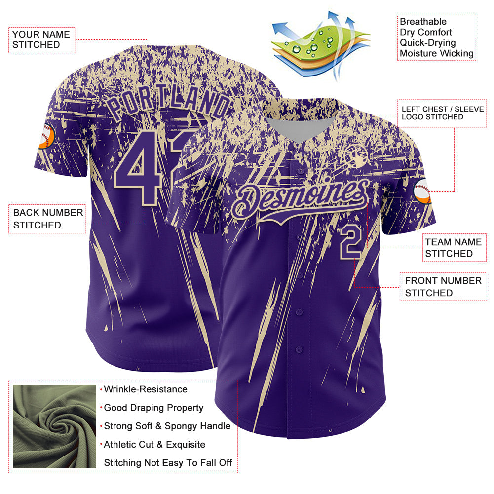 Custom Purple Cream Distressed Scratch Brush Stroke Authentic Baseball Jersey view 3