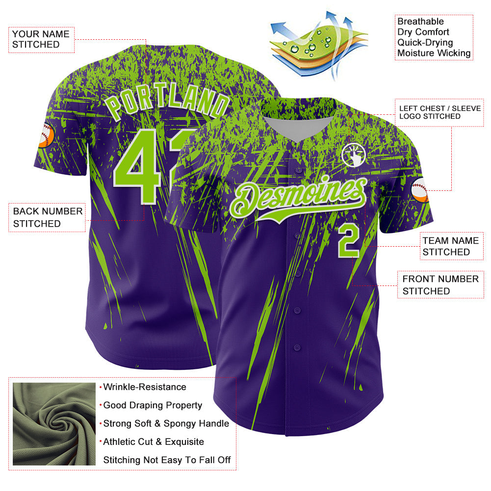 Custom Purple Neon Green-White Distressed Scratch Brush Stroke Authentic Baseball Jersey view 3