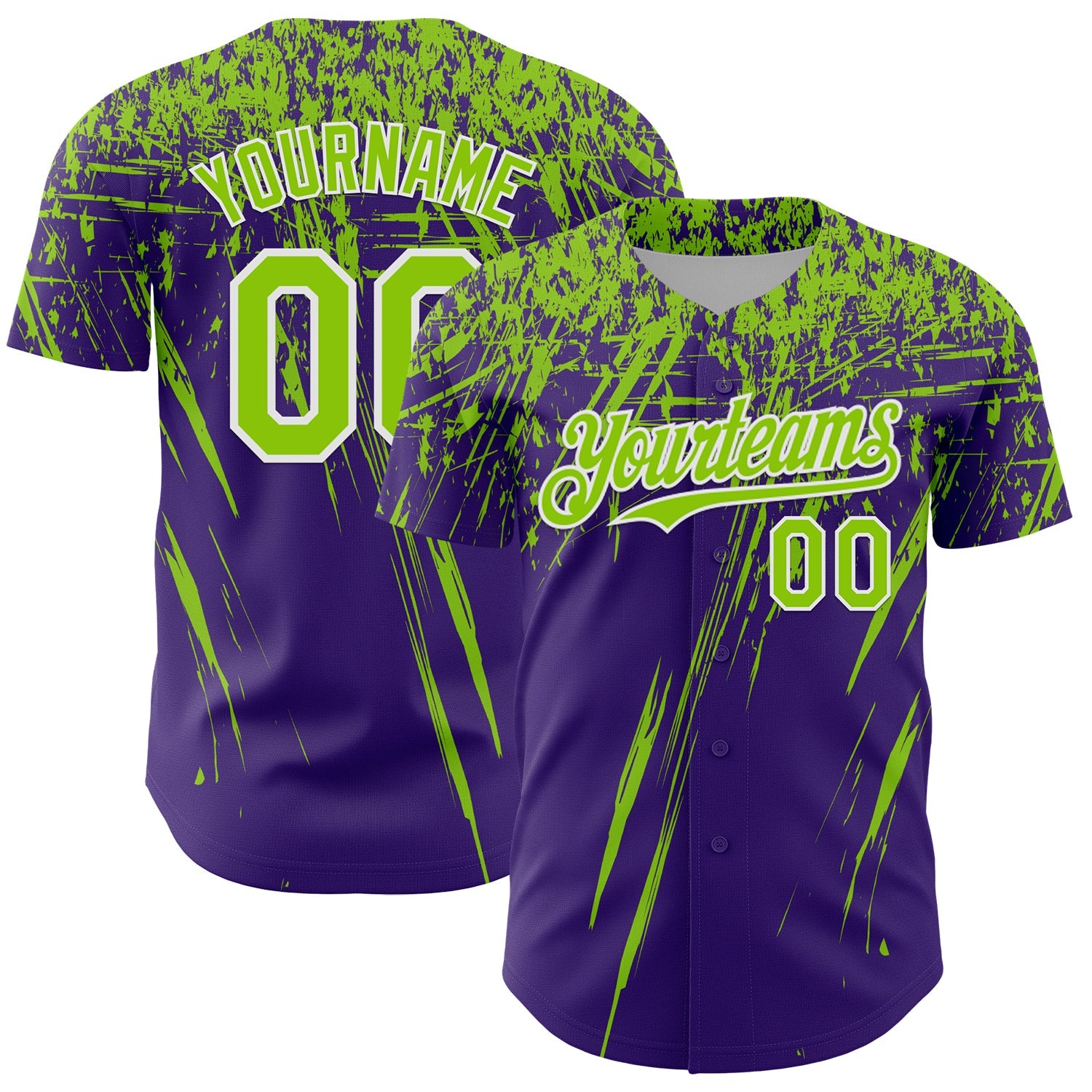 Custom Purple Neon Green-White Distressed Scratch Brush Stroke Authentic Baseball Jersey - Main View