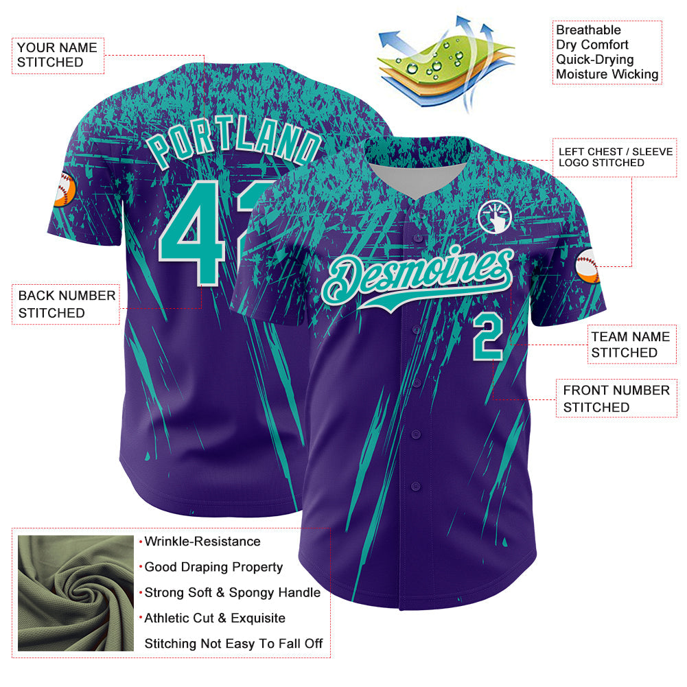 Custom Purple Aqua-White Distressed Scratch Brush Stroke Authentic Baseball Jersey view 3