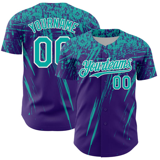 Custom Purple Aqua-White Distressed Scratch Brush Stroke Authentic Baseball Jersey - Main View