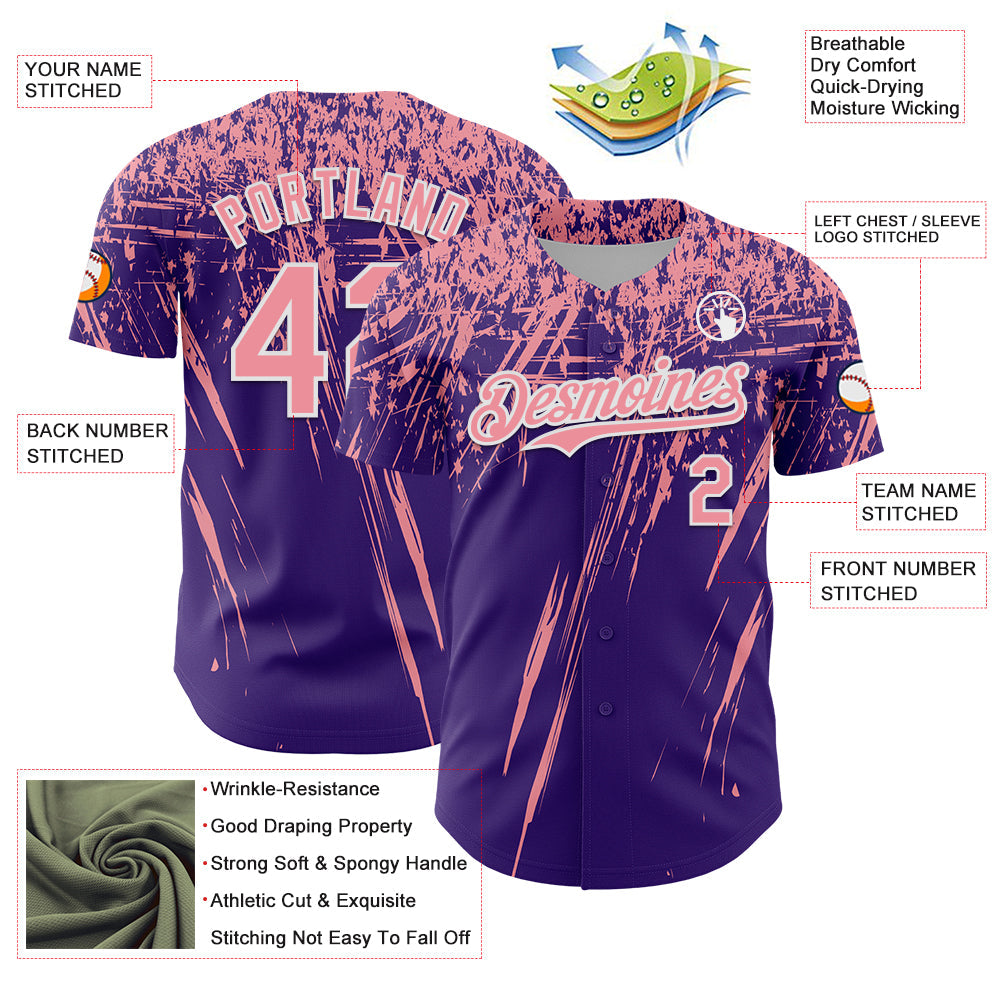 Custom Purple Medium Pink-White Distressed Scratch Brush Stroke Authentic Baseball Jersey view 3
