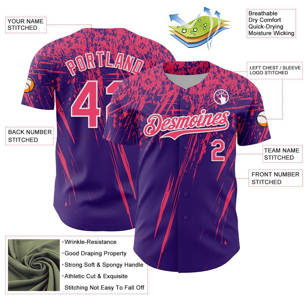 Custom Purple Neon Pink-White Distressed Scratch Brush Stroke Authentic Baseball Jersey view 3