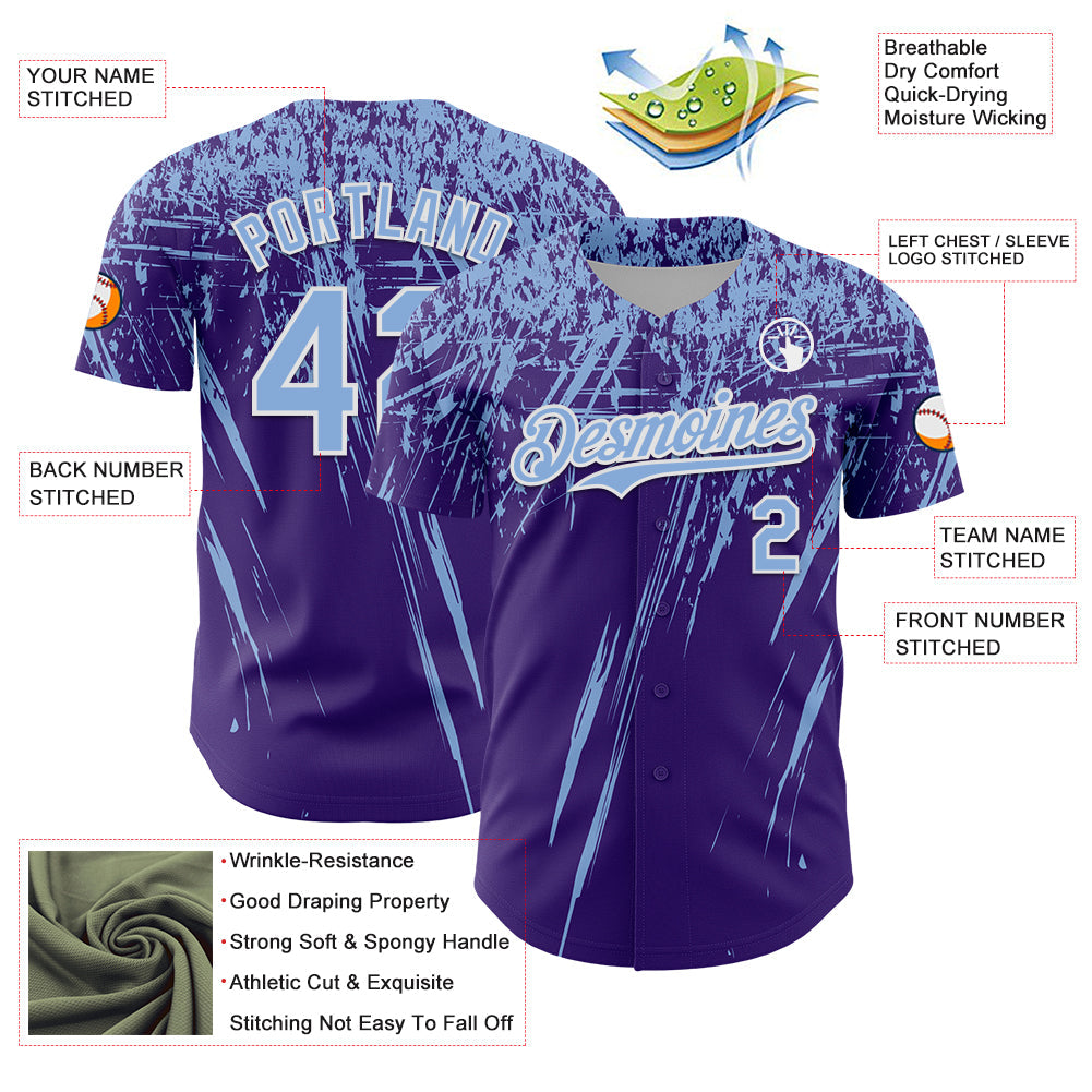 Custom Purple Light Blue-White Distressed Scratch Brush Stroke Authentic Baseball Jersey view 3