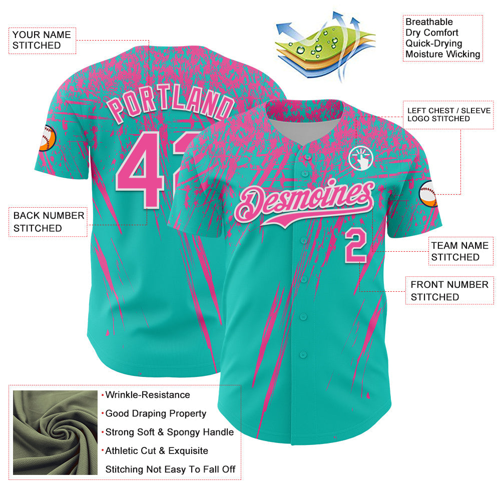Custom Aqua Pink-White Distressed Scratch Brush Stroke Authentic Baseball Jersey view 3