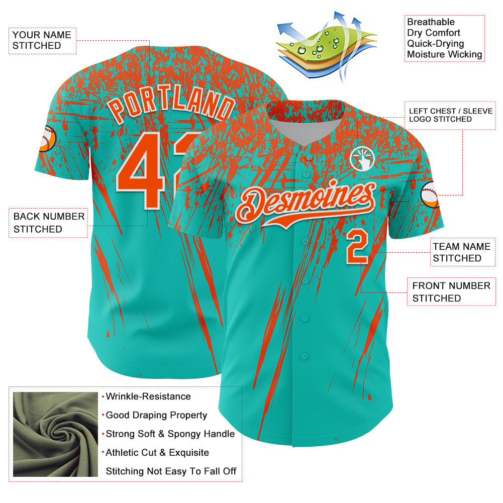 Custom Aqua Orange-White Distressed Scratch Brush Stroke Authentic Baseball Jersey view 3
