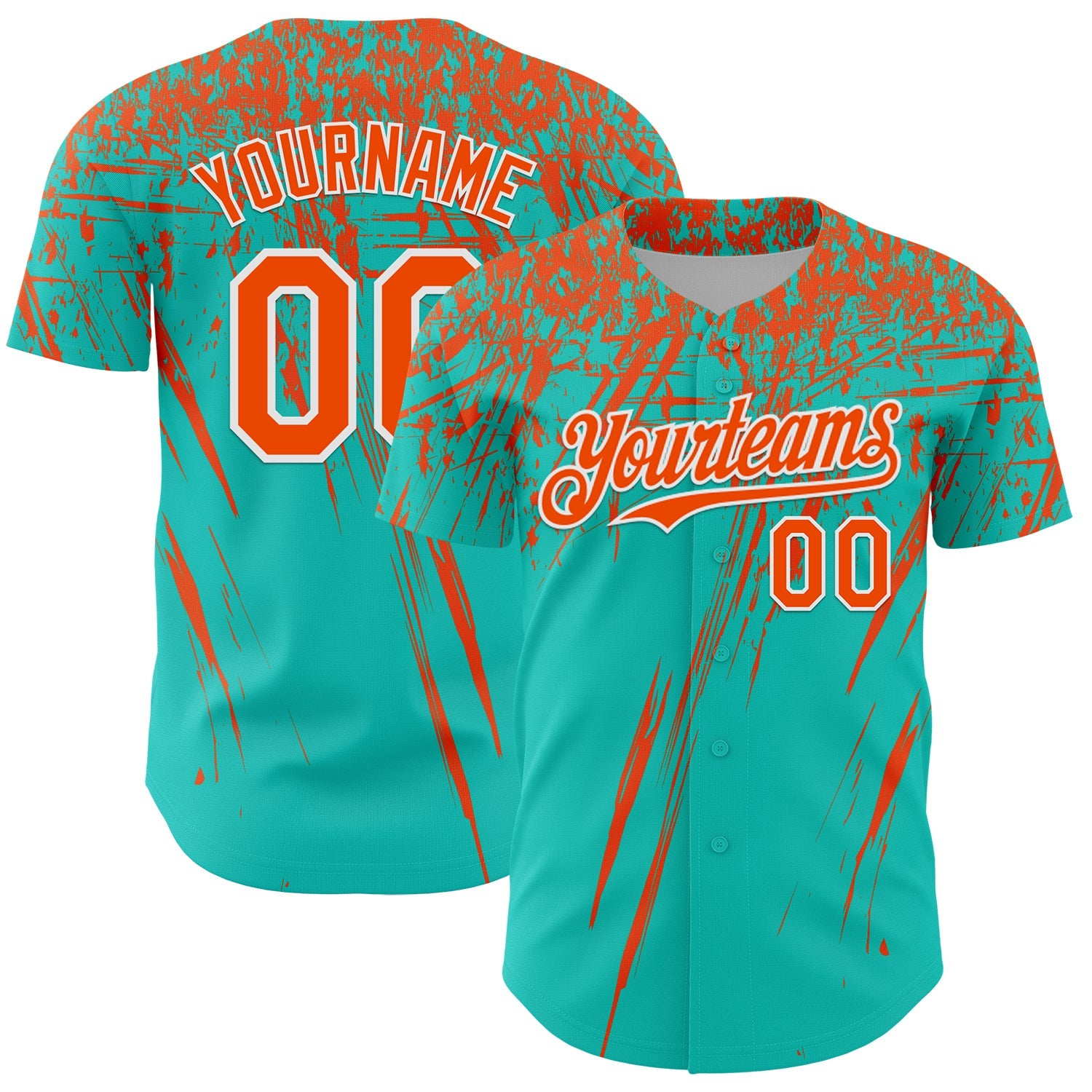 Custom Aqua Orange-White Distressed Scratch Brush Stroke Authentic Baseball Jersey - Main View