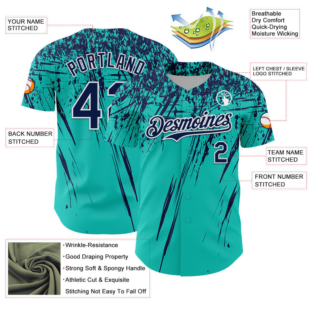 Custom Aqua Navy-White Distressed Scratch Brush Stroke Authentic Baseball Jersey view 3