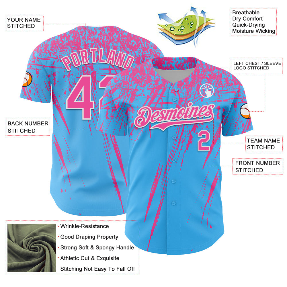 Custom Sky Blue Pink-White Distressed Scratch Brush Stroke Authentic Baseball Jersey view 3