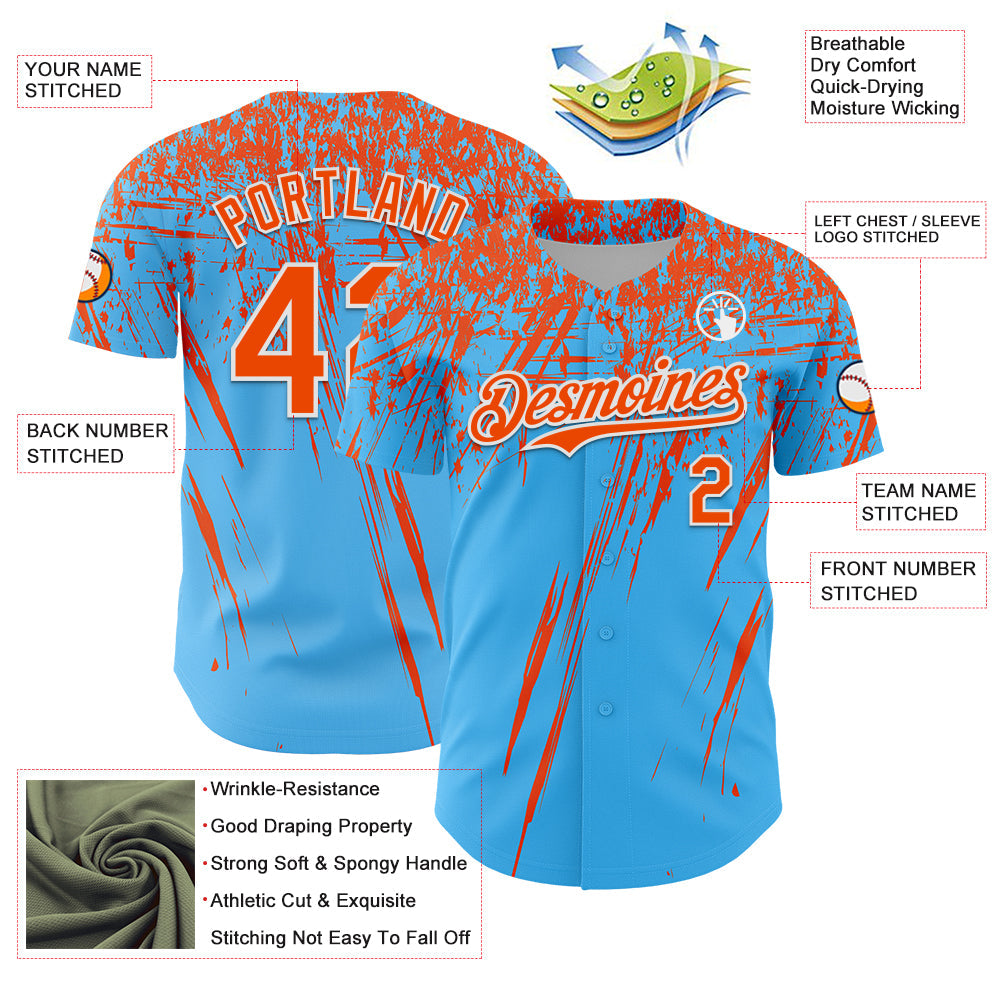 Custom Sky Blue Orange-White Distressed Scratch Brush Stroke Authentic Baseball Jersey view 3