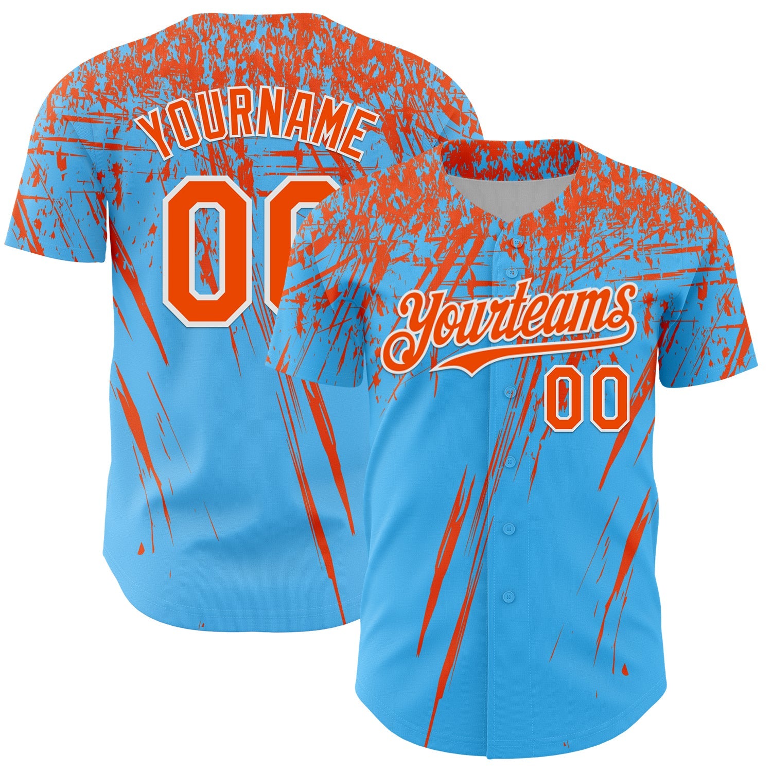 Custom Sky Blue Orange-White Distressed Scratch Brush Stroke Authentic Baseball Jersey - Main View