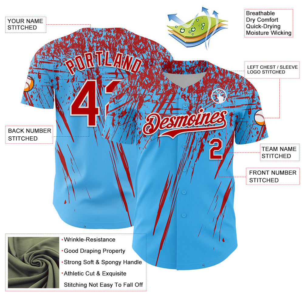 Custom Sky Blue Red-White Distressed Scratch Brush Stroke Authentic Baseball Jersey view 3
