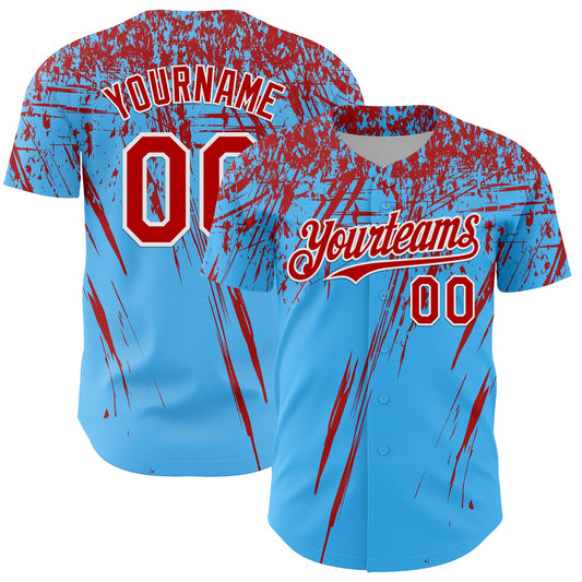 Custom Sky Blue Red-White Distressed Scratch Brush Stroke Authentic Baseball Jersey - Main View