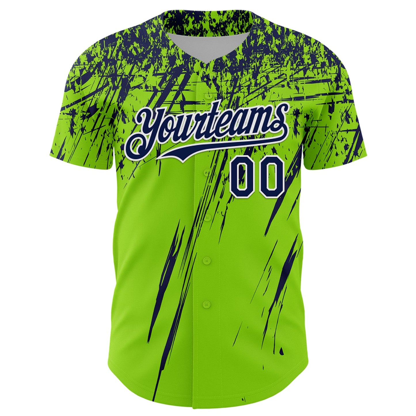Custom Neon Green Navy-White Distressed Scratch Brush Stroke Authentic Baseball Jersey view 2