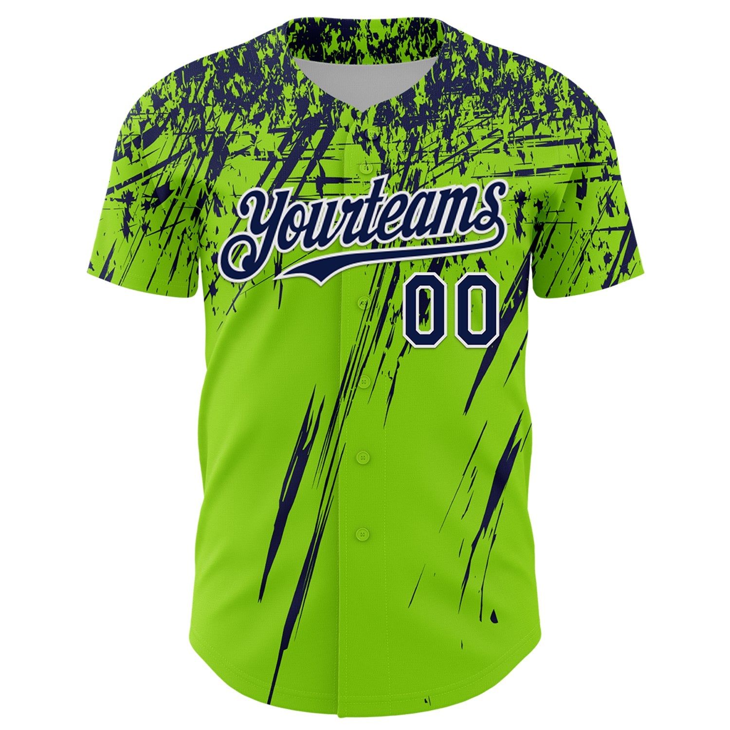 Custom Neon Green Navy-White Distressed Scratch Brush Stroke Authentic Baseball Jersey view 2