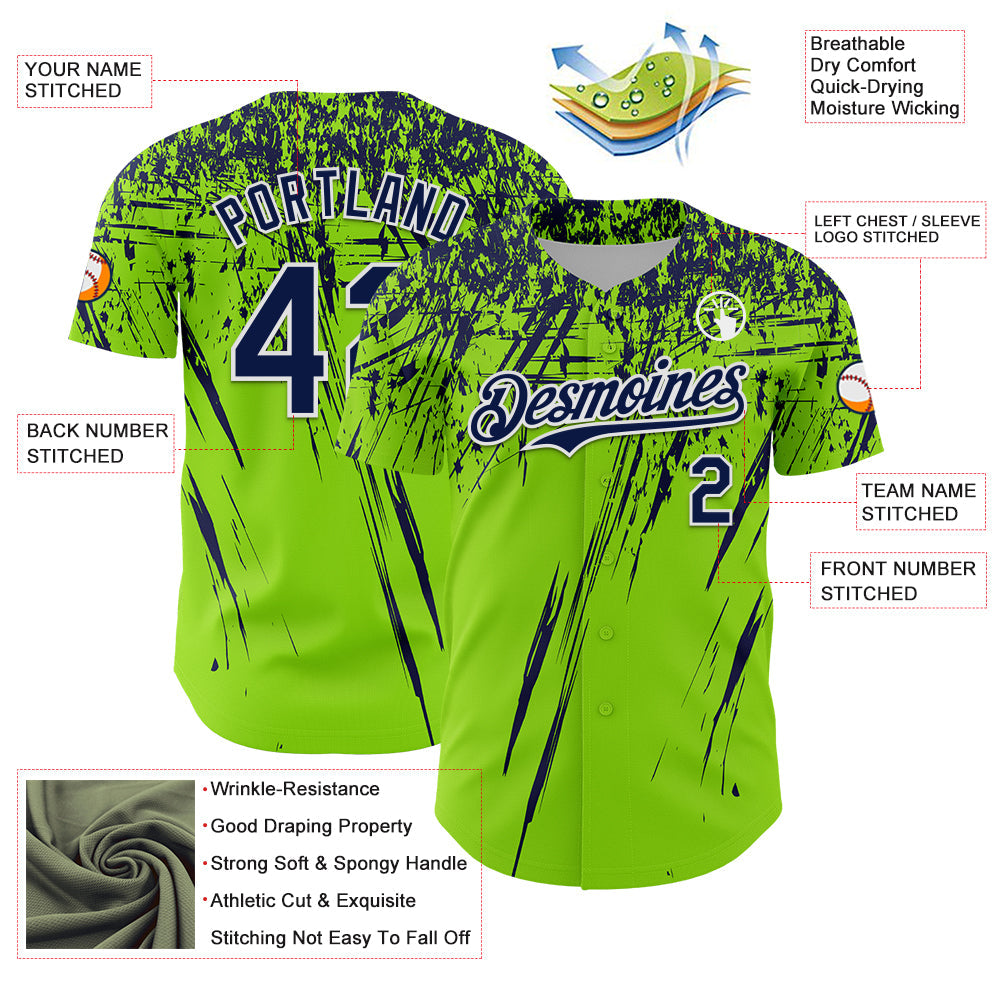 Custom Neon Green Navy-White Distressed Scratch Brush Stroke Authentic Baseball Jersey view 3