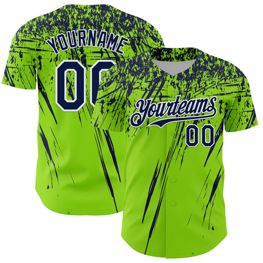 Custom Neon Green Navy-White Distressed Scratch Brush Stroke Authentic Baseball Jersey - Main View