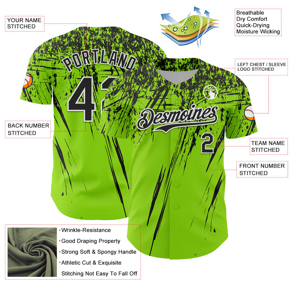 Custom Neon Green Black-White Distressed Scratch Brush Stroke Authentic Baseball Jersey view 3