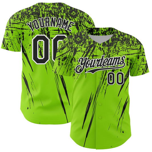Custom Neon Green Black-White Distressed Scratch Brush Stroke Authentic Baseball Jersey - Main View