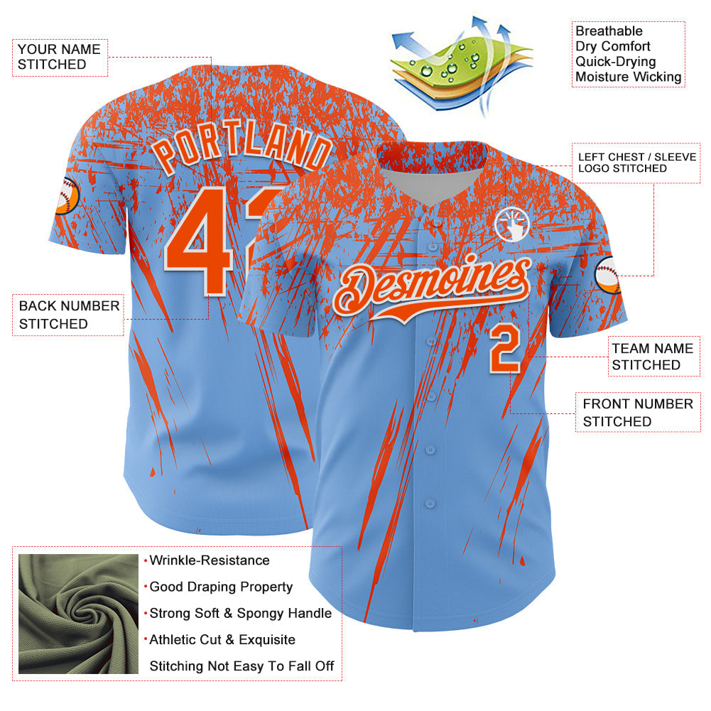 Custom Light Blue Orange-White Distressed Scratch Brush Stroke Authentic Baseball Jersey view 3