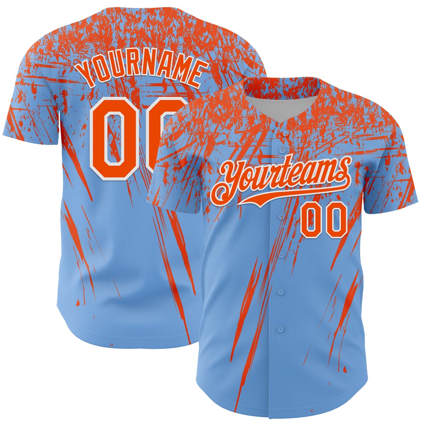 Custom Light Blue Orange-White Distressed Scratch Brush Stroke Authentic Baseball Jersey - Main View