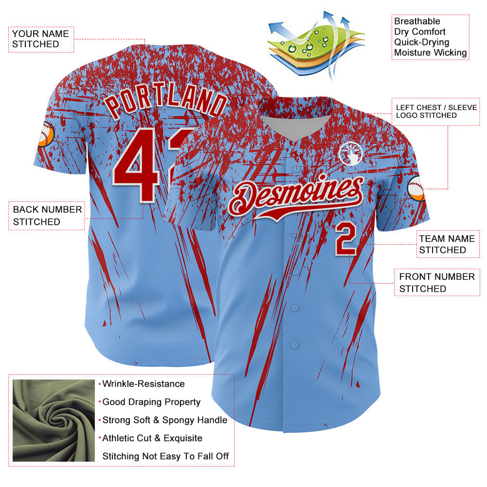 Custom Light Blue Red-White Distressed Scratch Brush Stroke Authentic Baseball Jersey view 3