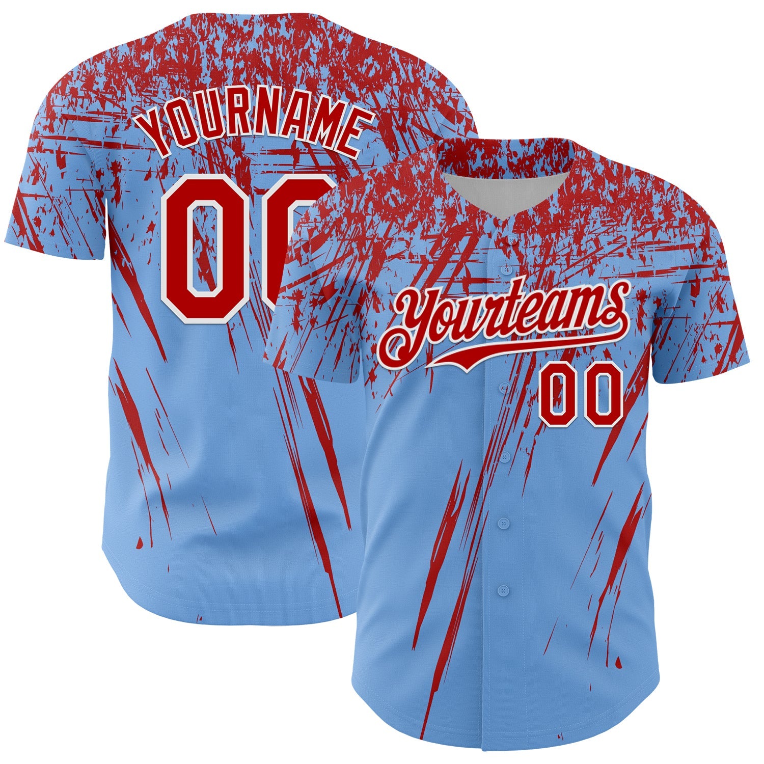 Custom Light Blue Red-White Distressed Scratch Brush Stroke Authentic Baseball Jersey - Main View