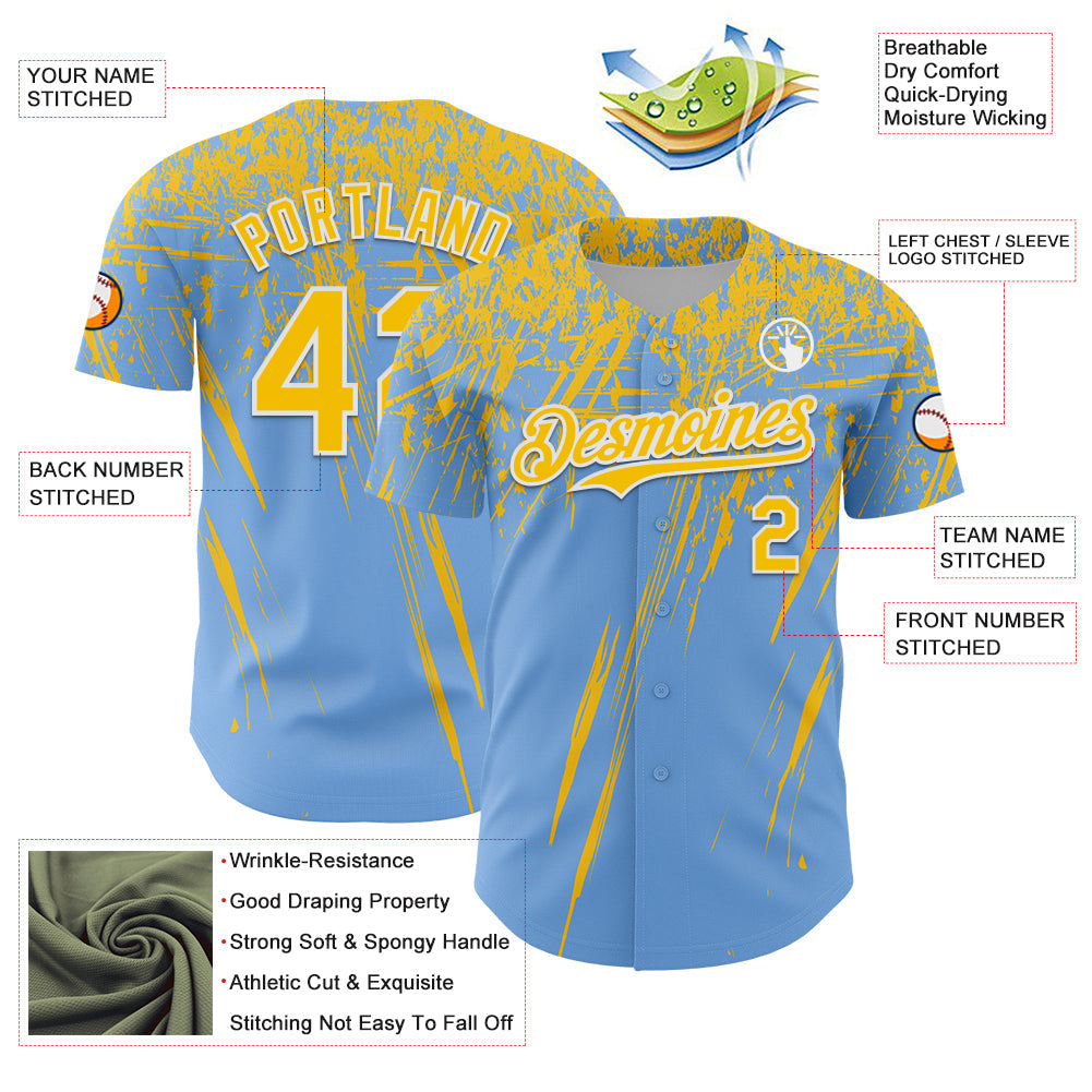 Custom Light Blue Yellow-White Distressed Scratch Brush Stroke Authentic Baseball Jersey view 3