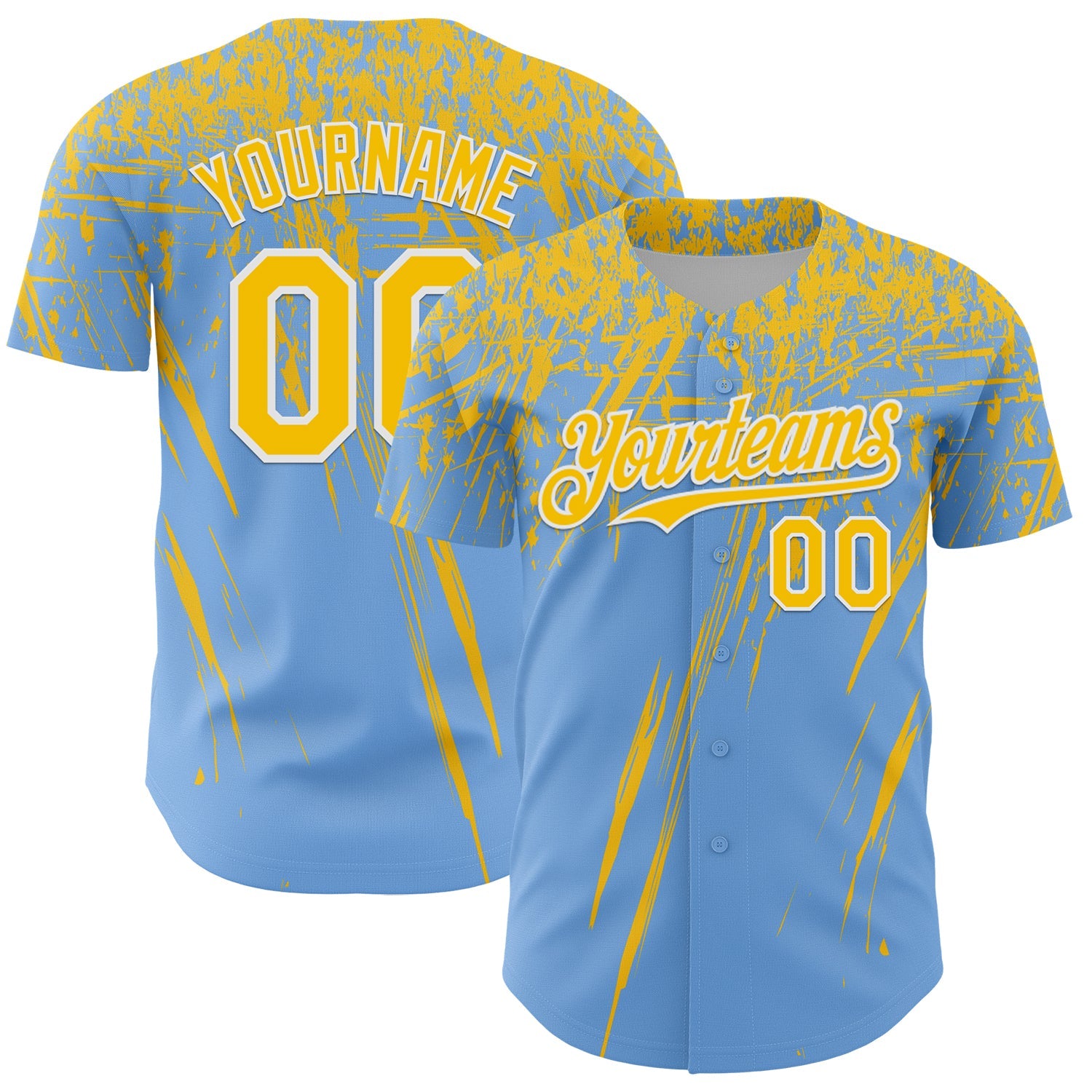 Custom Light Blue Yellow-White Distressed Scratch Brush Stroke Authentic Baseball Jersey - Main View