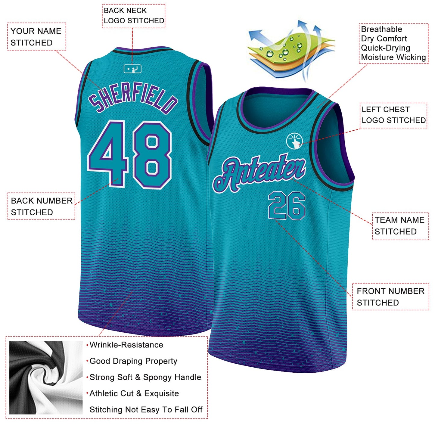 Custom Teal Purple-White Fade Fashion Authentic City Edition Basketball Jersey view 2
