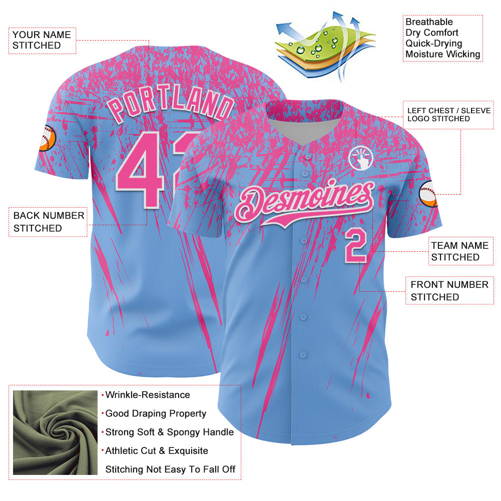 Custom Light Blue Pink-White Distressed Scratch Brush Stroke Authentic Baseball Jersey view 3