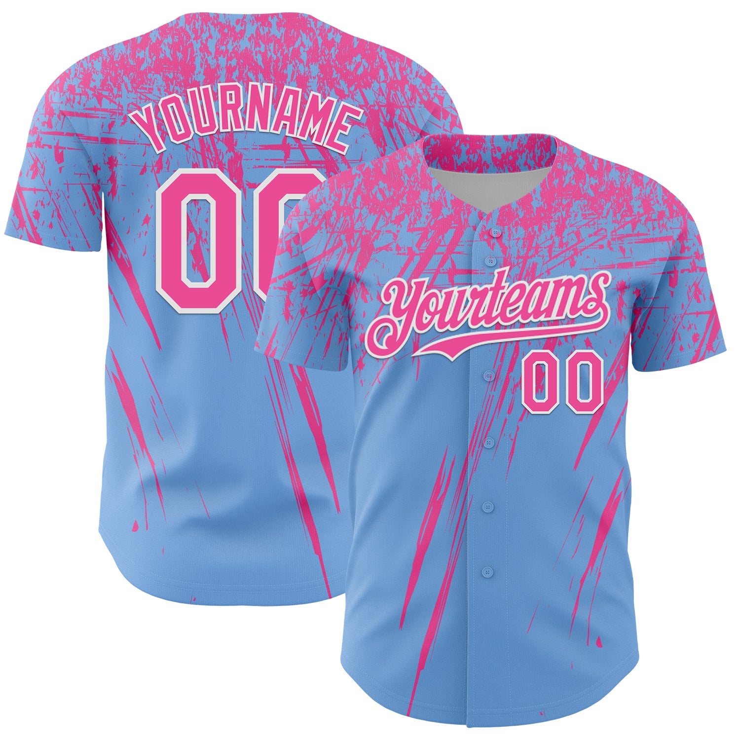 Custom Light Blue Pink-White Distressed Scratch Brush Stroke Authentic Baseball Jersey - Main View