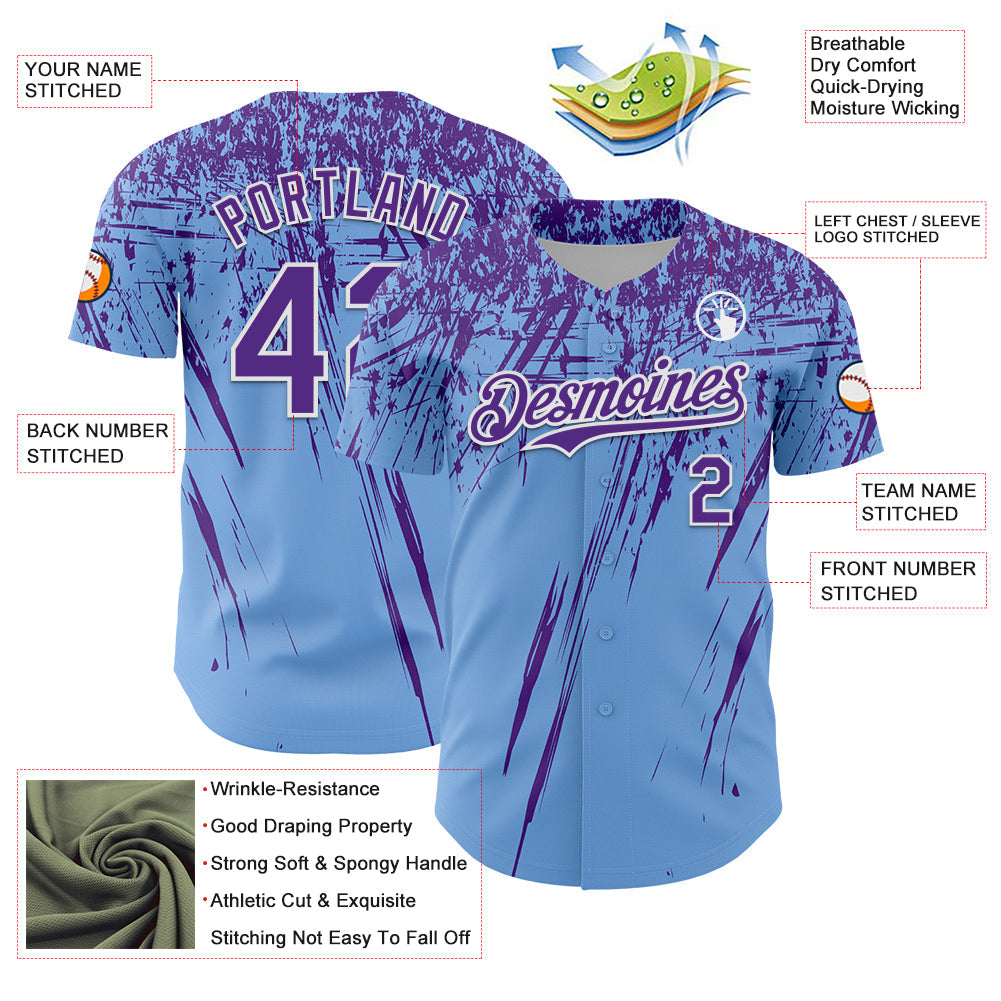 Custom Light Blue Purple-White Distressed Scratch Brush Stroke Authentic Baseball Jersey view 3