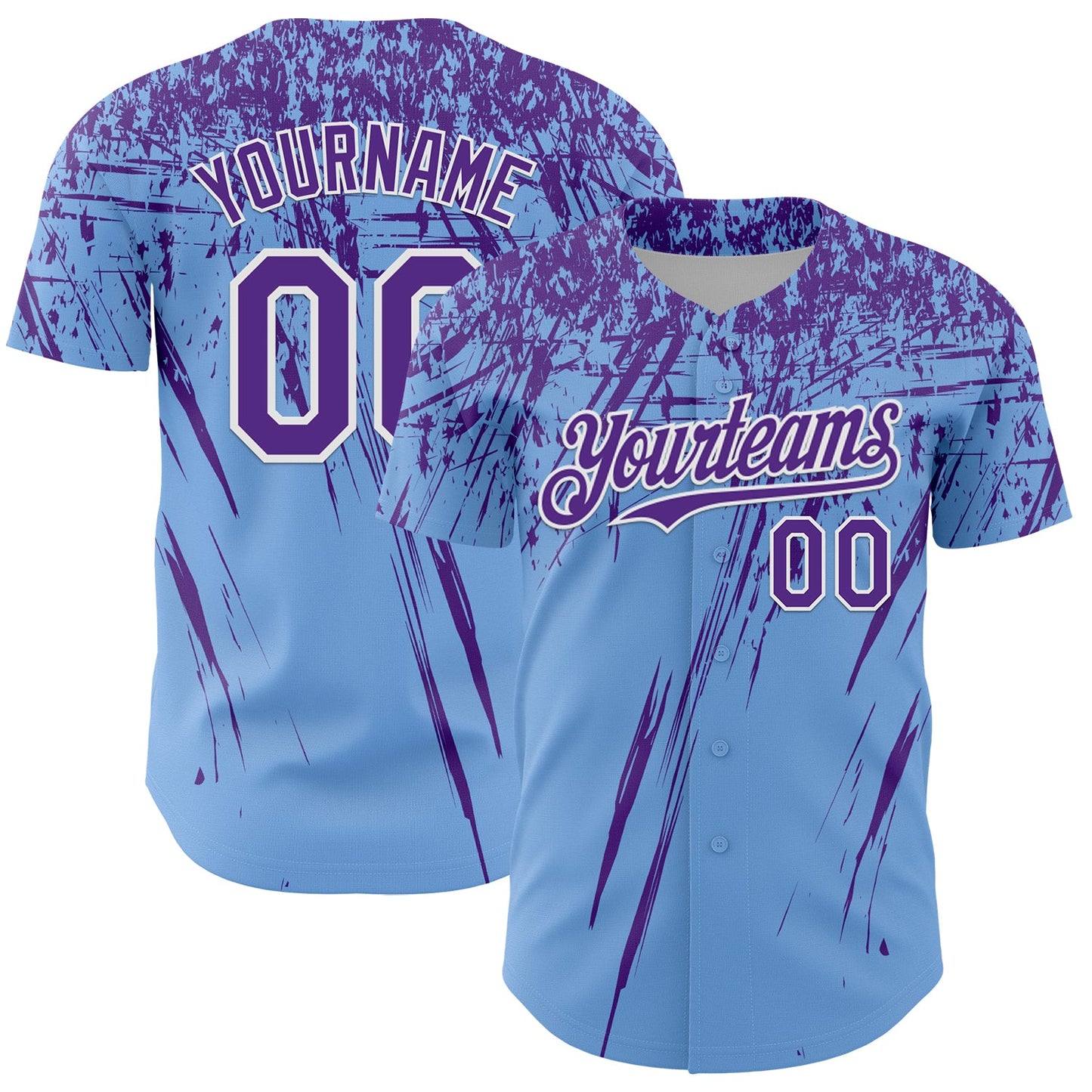 Custom Light Blue Purple-White Distressed Scratch Brush Stroke Authentic Baseball Jersey - Main View