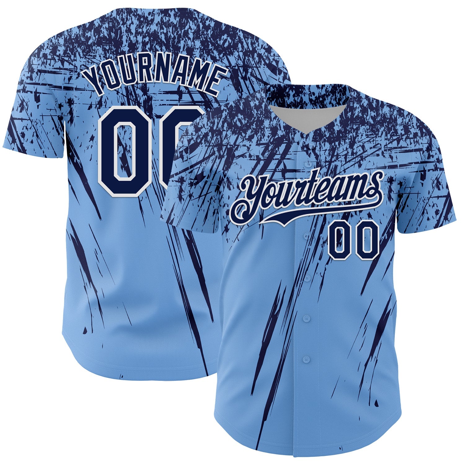Custom Light Blue Navy-White Distressed Scratch Brush Stroke Authentic Baseball Jersey - Main View
